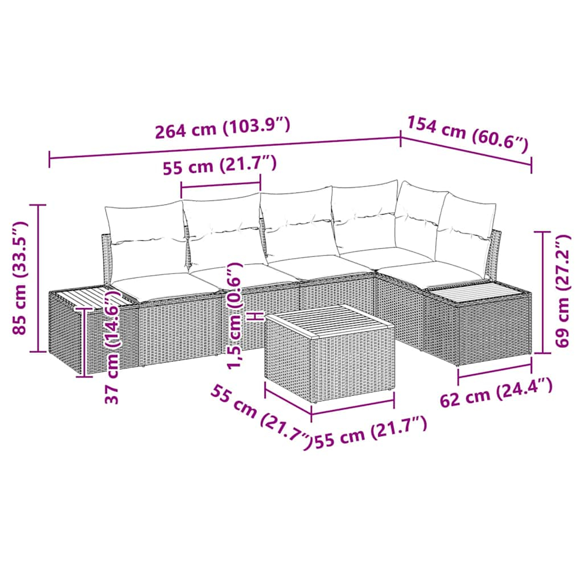 Ein Diagramm eines modularen Outdoor-Sofa mit Abmessungen. Das Sofa ist in einer L-Form angeordnet.