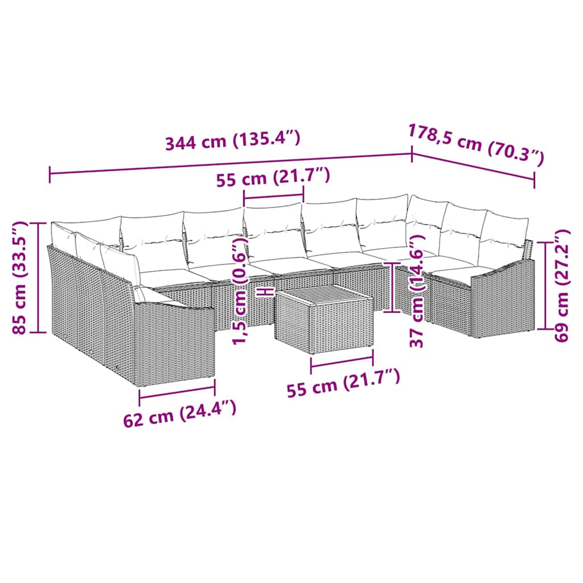 Geflochtenes Ecksofa mit Maßangaben. Ein L-förmiger Abschnitt mit einem kleinen Tisch, Maße in cm und Zoll.