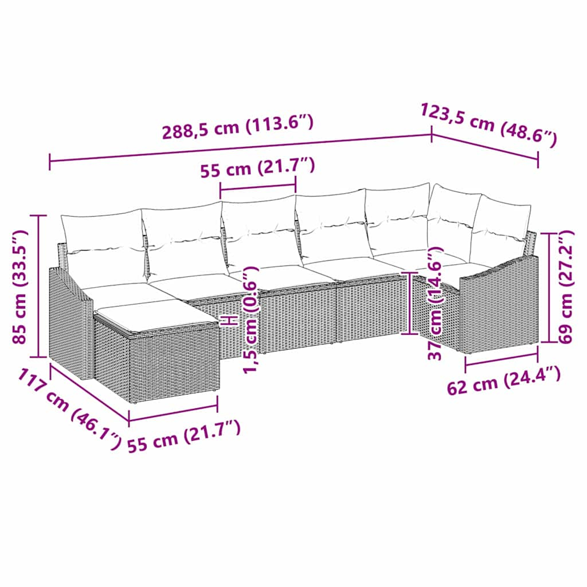 Rattan-Outdoor-Sofa-Set mit Maßangaben. Zeigt Sofateile, einen Couchtisch mit Maßen.