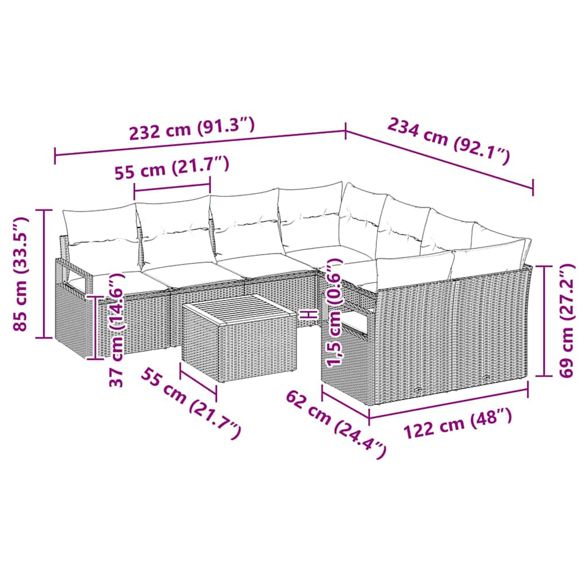 Rattan-Outdoor-Sofa-Set mit Maßangaben, zeigt Sofateile, einen Couchtisch mit Maßen.