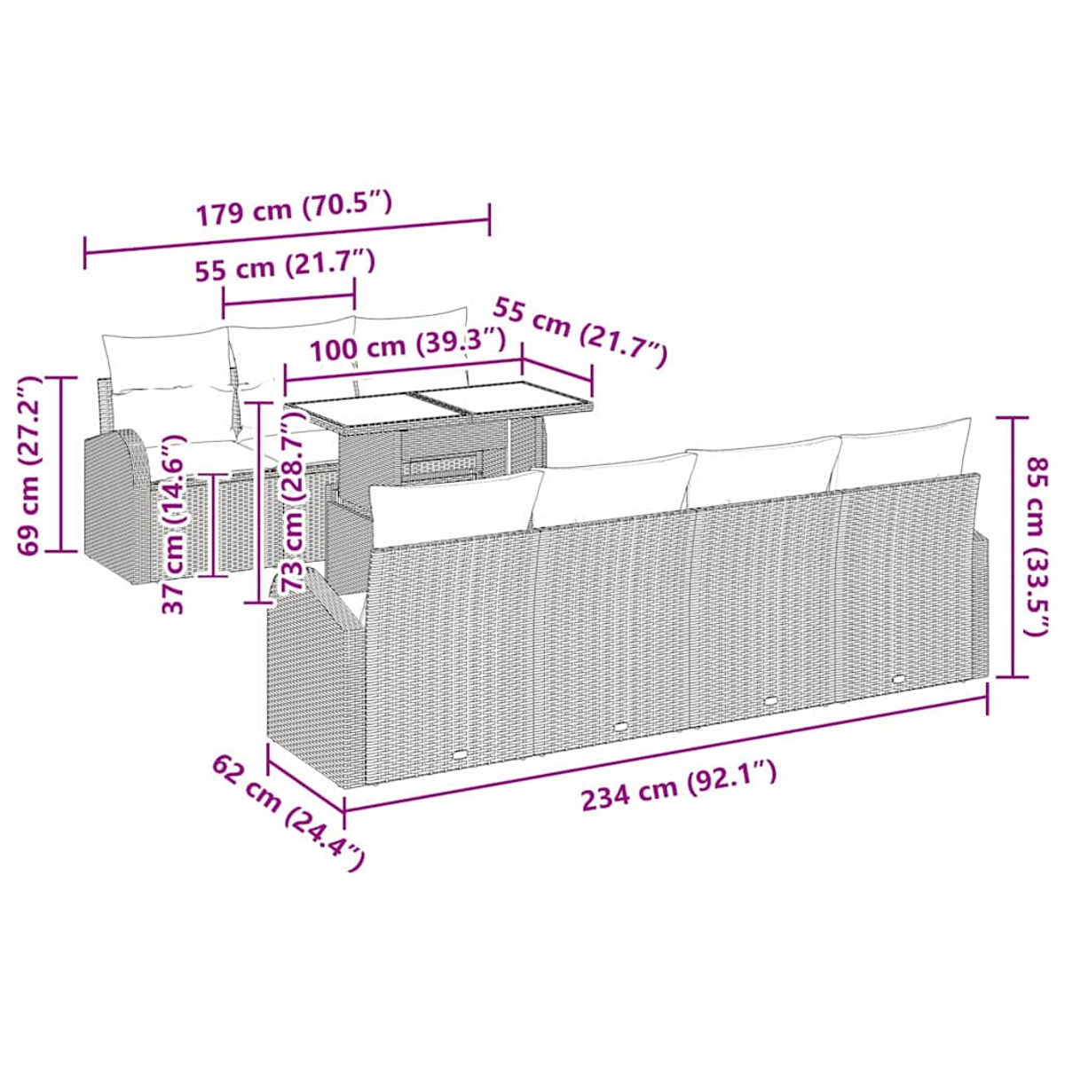 Geflochtenes Sofaset mit Maßangaben. Es besteht aus einem Sofa, zwei Tischen und einem Ecksofa mit Maßangaben.