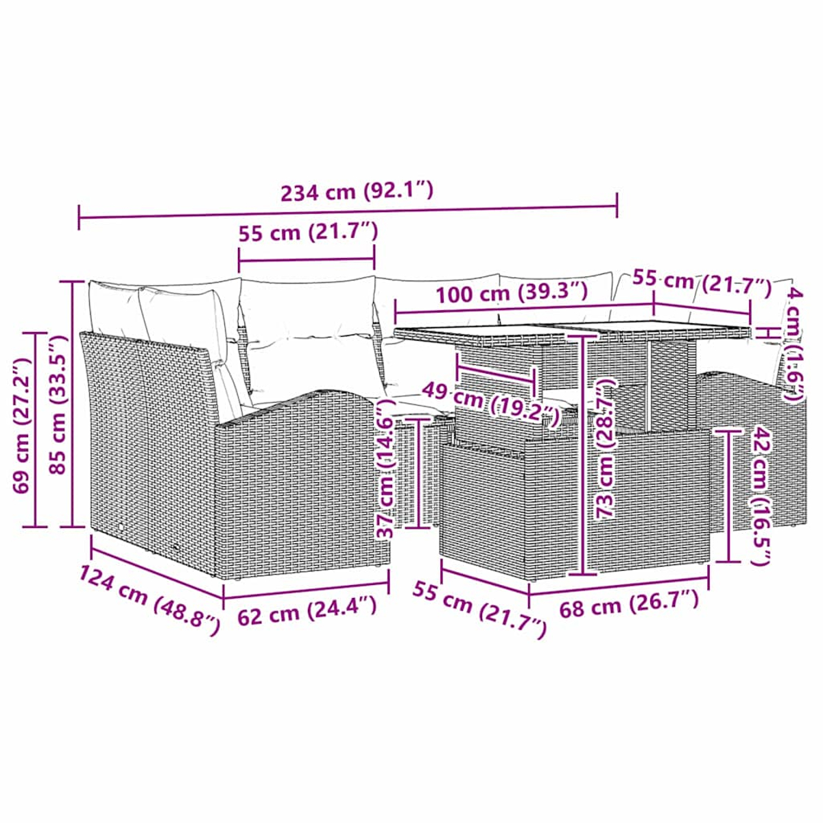 Rattan-Outdoor-Sofa-Set mit Maßangaben. Es zeigt Sofateile und einen Tisch mit Größenangaben.