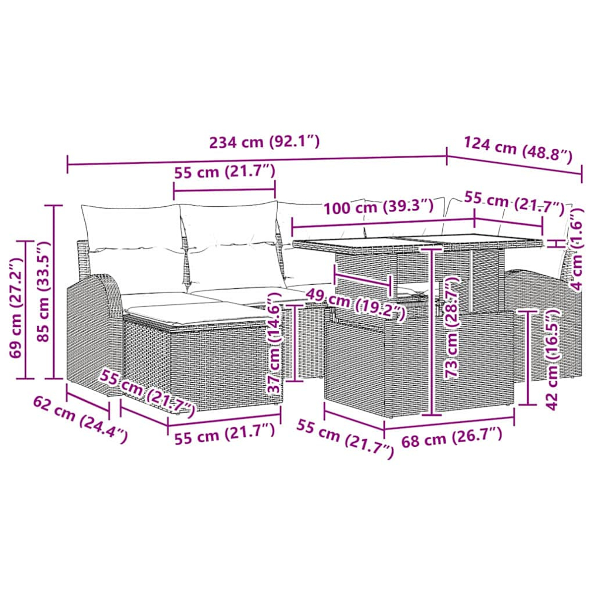 Rattan-Outdoor-Sofa-Set mit Maßangaben. Zeigt Sofateile und einen Tisch mit Maßen.