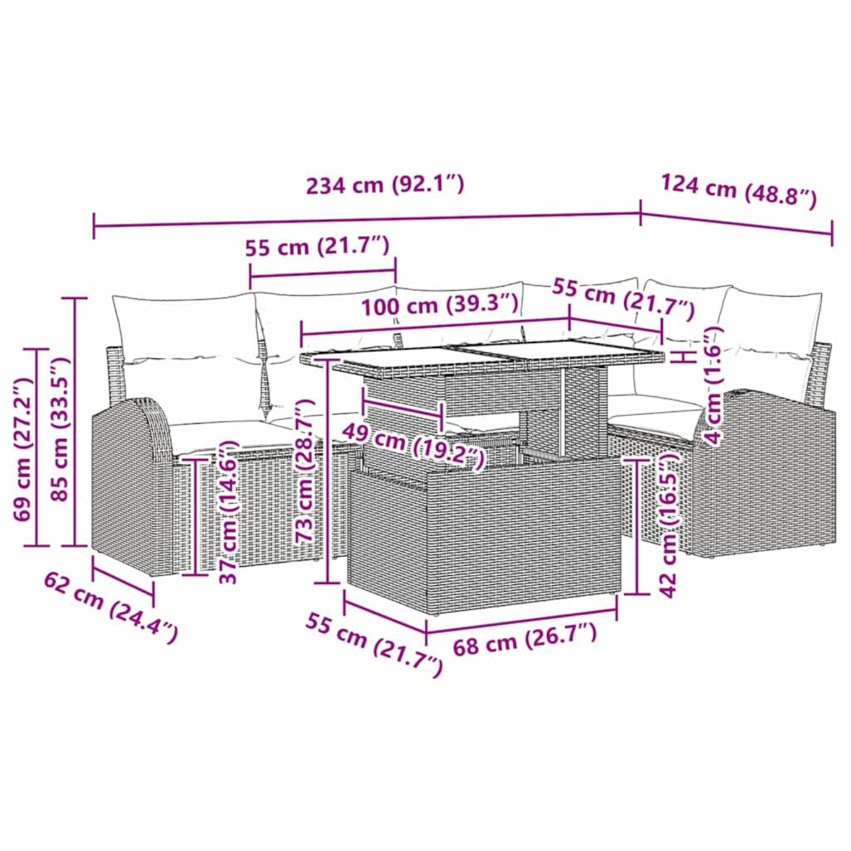 Rattan-Outdoor-Sofa-Set mit Maßangaben. Zeigt Sofateile und einen Tisch mit Maßen.
