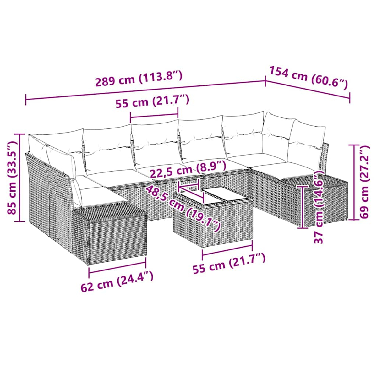 Rattan-Outdoor-Sofa-Set mit Maßangaben. Zeigt Sofateile, einen Couchtisch mit Maßen.
