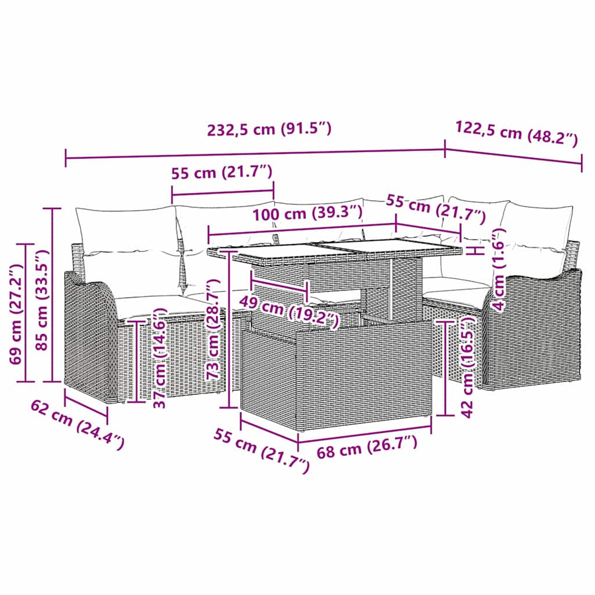 Ein Rattansofa mit Tisch und beschrifteten Abmessungen. Das Sofa hat Kissen und ist hellbraun.