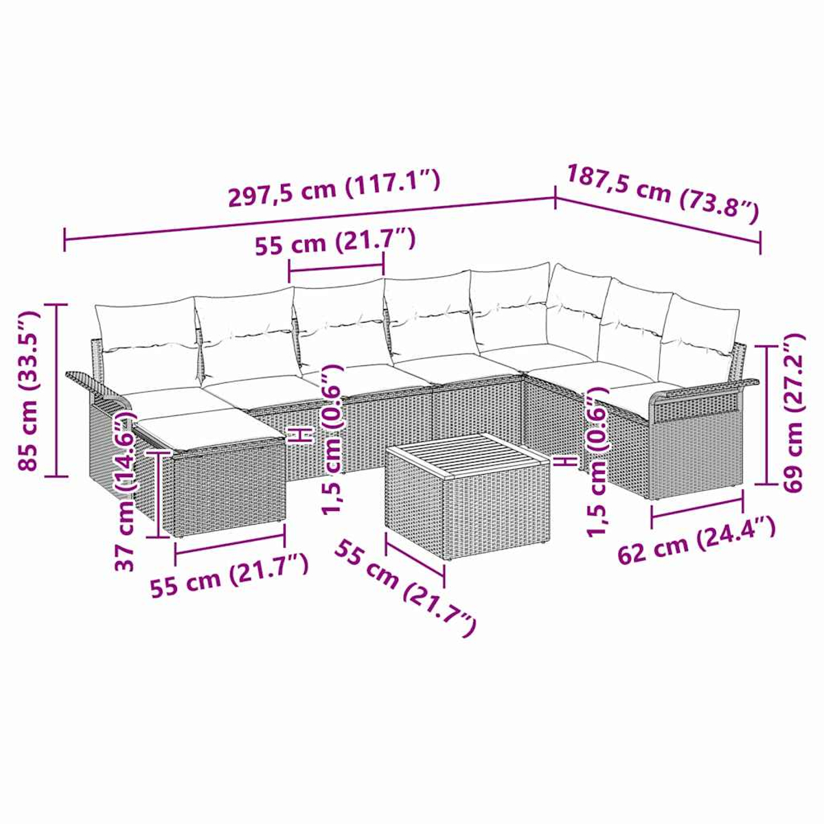 Diagramm eines großen Outdoor-Ecksofas und eines Couchtisches mit Maßen in cm und Zoll, auf weißem Hintergrund.