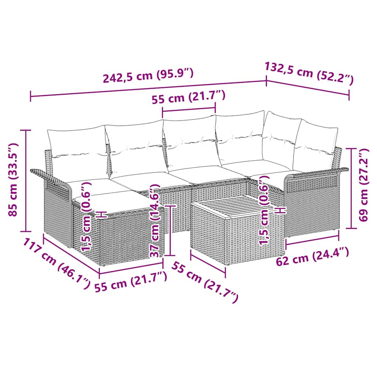 Diagramm eines großen Outdoor-Ecksofas und eines Couchtisches mit Maßen in cm und Zoll, auf weißem Hintergrund.