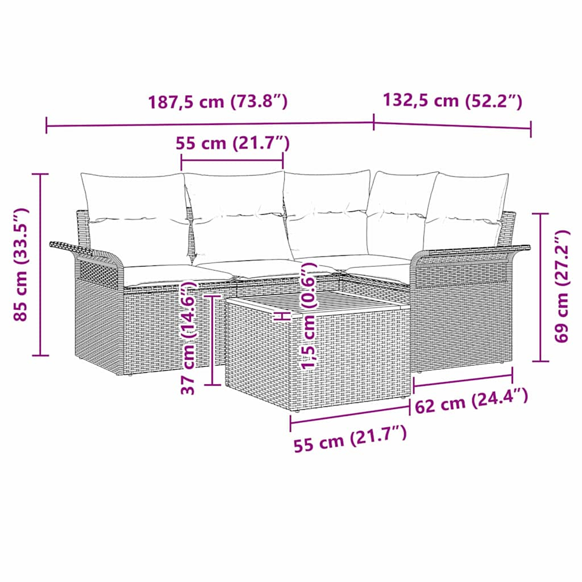 Diagramm eines Outdoor-Ecksofas und eines Couchtisches mit Maßen in cm und Zoll, auf weißem Hintergrund.