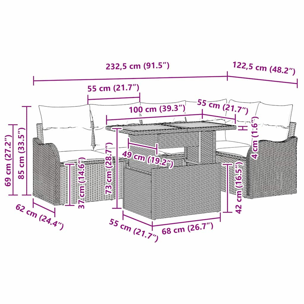 Diagramm eines Outdoor-Ecksofas, eines Couchtisches und eines Esstisches mit Maßen in cm und Zoll.