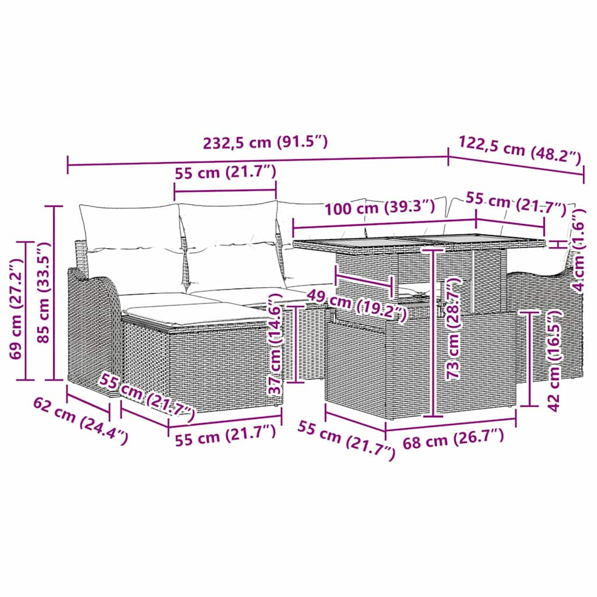 Diagramm eines Outdoor-Ecksofas, eines Couchtisches und eines Esstisches mit Maßen in cm und Zoll.