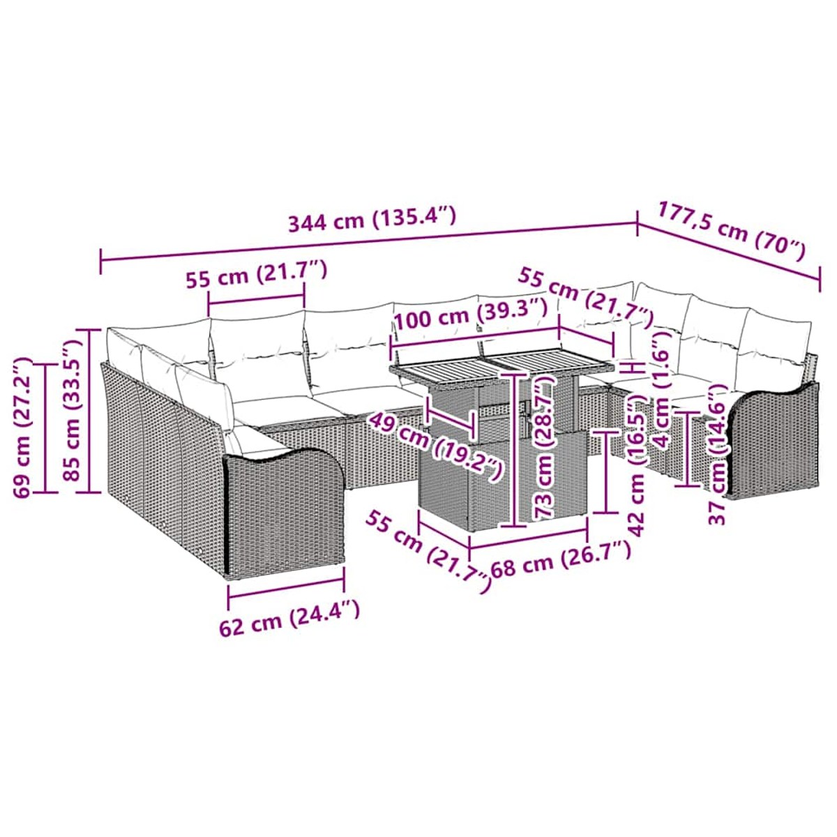 Diagramm eines Outdoor-Ecksofas, eines Couchtisches und eines Esstisches mit Maßen in cm und Zoll.