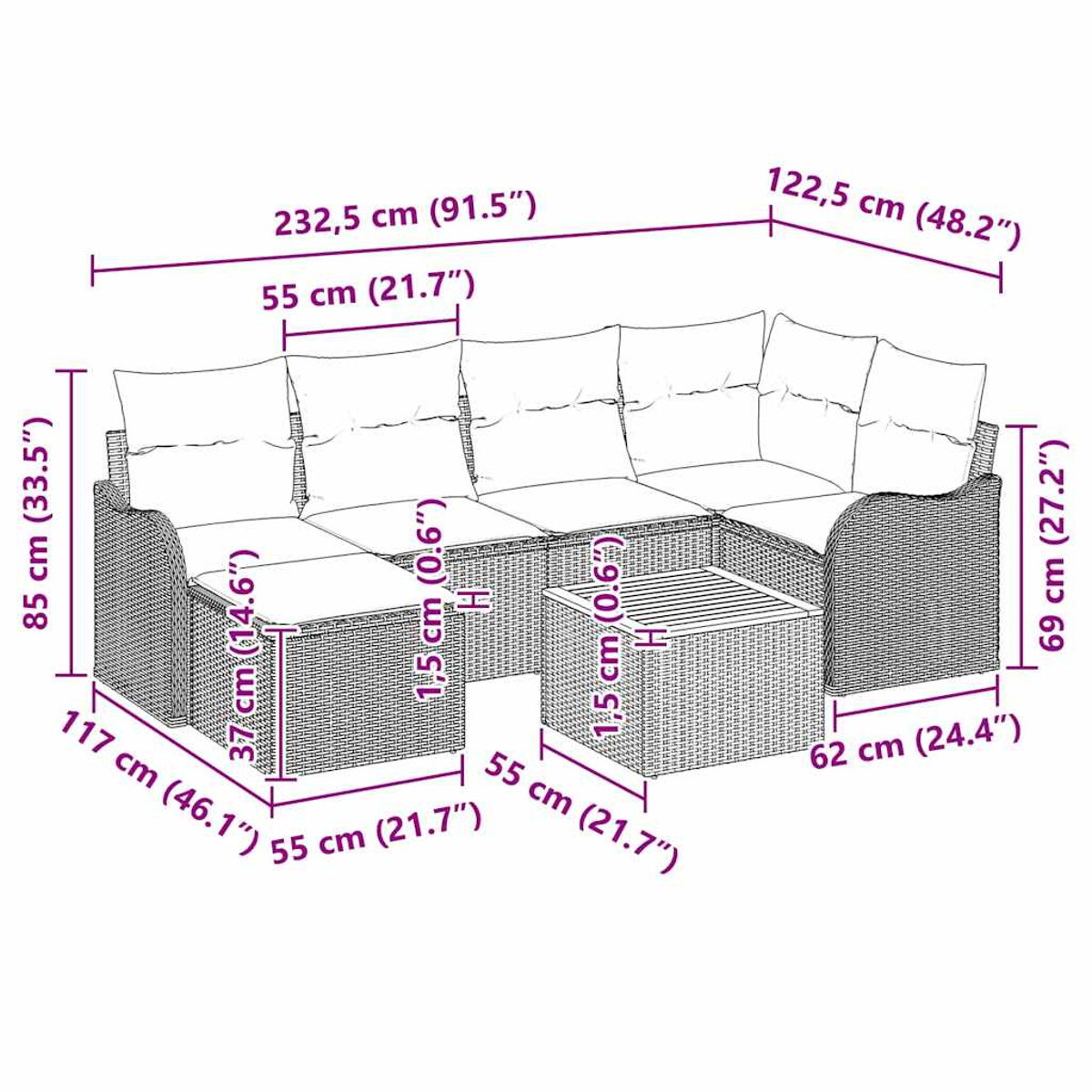 Diagramm eines großen Outdoor-Ecksofas und eines Couchtisches mit Maßen in cm und Zoll, auf weißem Hintergrund.
