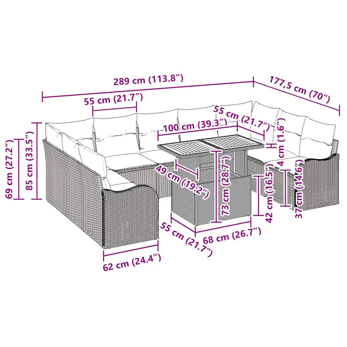 Diagramm eines Outdoor-Ecksofas, eines Couchtisches und eines Esstisches mit Maßen in cm und Zoll.
