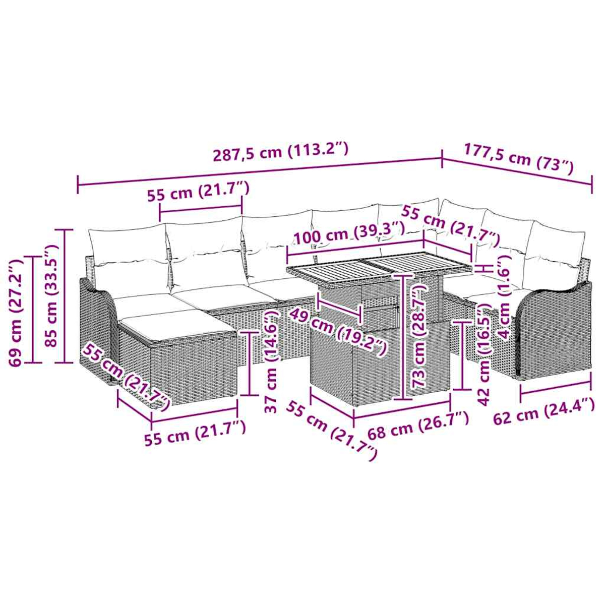 Diagramm eines Outdoor-Ecksofas, eines Couchtisches und eines Esstisches mit Maßen in cm und Zoll.