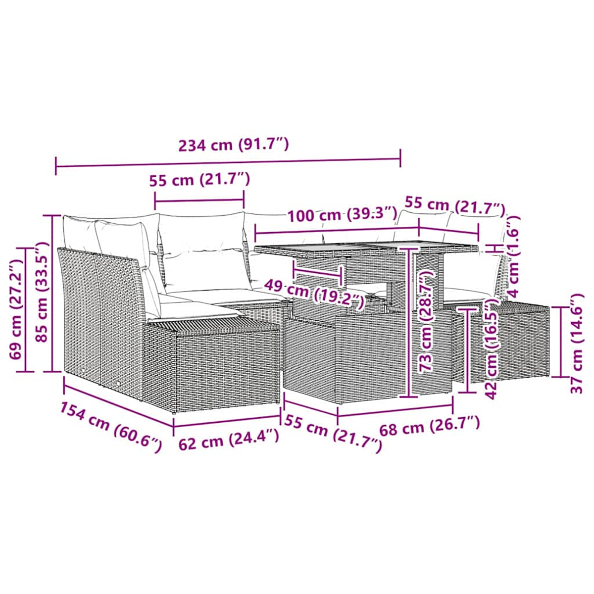 Gartenmöbel-Set aus Korbgeflecht mit Kissen, darunter ein Sofa, Stühle und ein Tisch, alle mit beschrifteten Maßen.