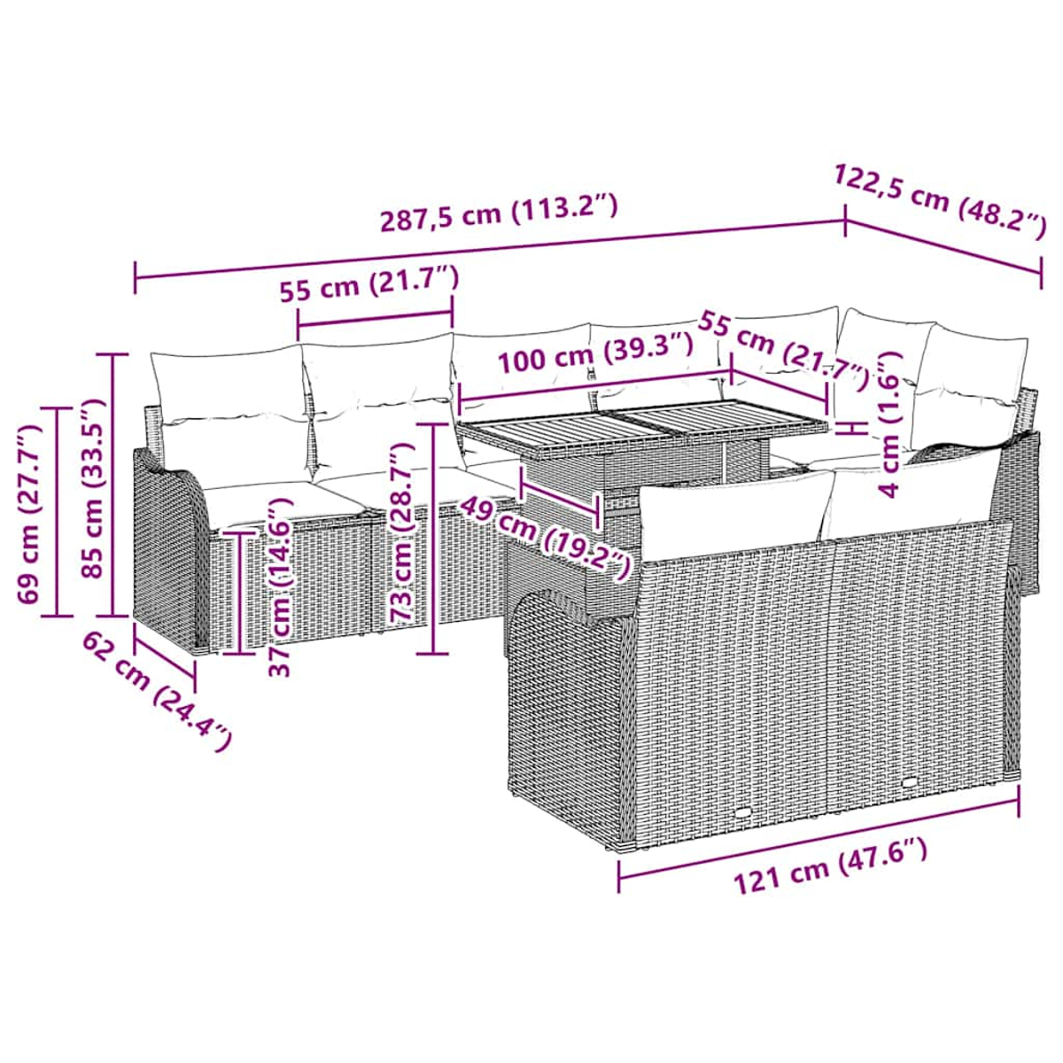 Gartenmöbel-Set aus Korbgeflecht mit beschrifteten Maßen, darunter ein Sofa, Stühle und ein Tisch, alle mit Kissen.