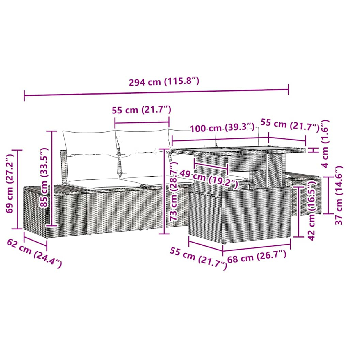 Gartenmöbel-Set aus Korbgeflecht mit Kissen, darunter ein Sofa, Stühle und ein Tisch, alle mit beschrifteten Maßen.