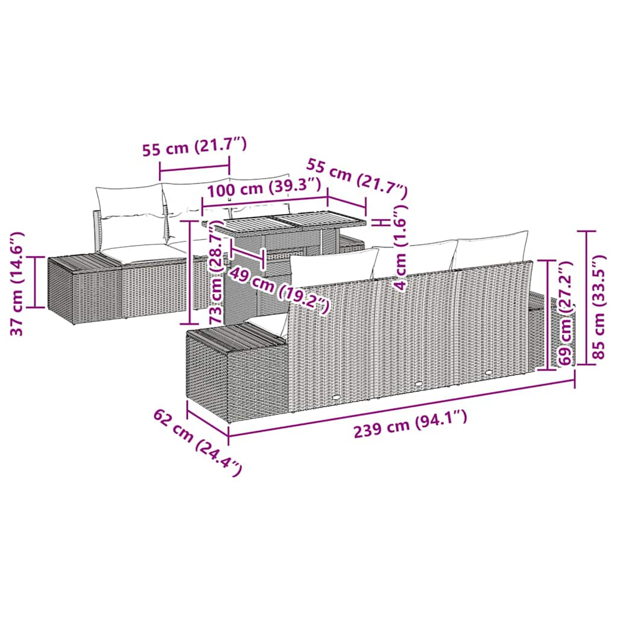 Gartenmöbel-Set aus Korbgeflecht mit Kissen, darunter ein Sofa, Stühle und ein Tisch, alle mit beschrifteten Maßen.