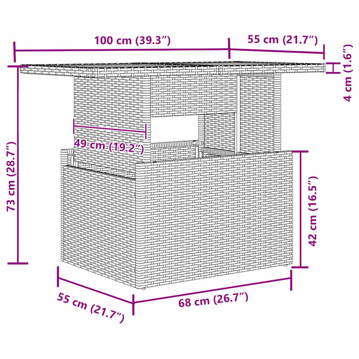 Tisch mit Maßen in cm und Zoll. Es ist ein Korbtisch mit quadratischer Platte und beschrifteten Messungen.