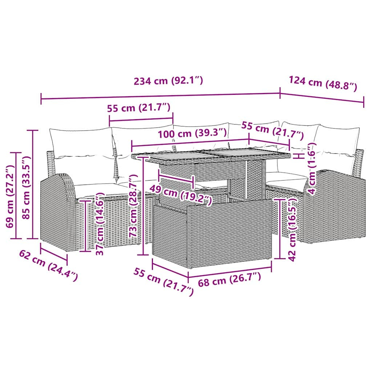 Geflochtenes Terrassenmöbel-Set mit Maßen in cm und Zoll. Es hat ein Sofa, einen Tisch und einen Stuhl.