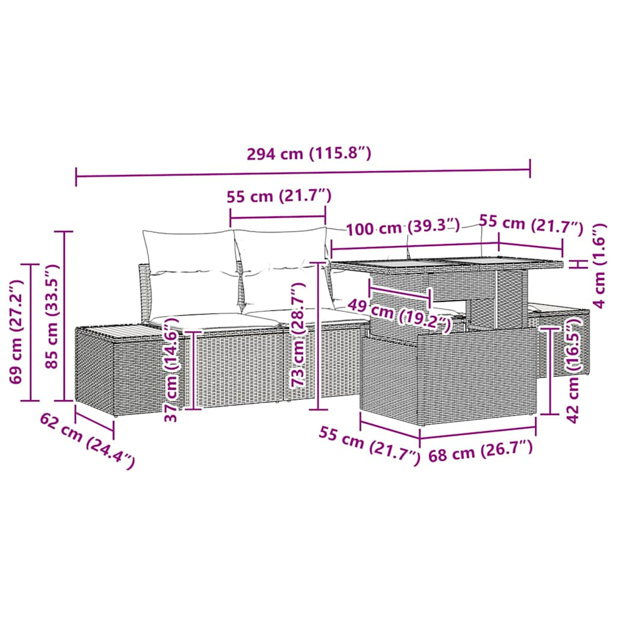 Gartenmöbel-Set aus Korbgeflecht mit Maßen in cm und Zoll. Es hat ein Sofa, einen Tisch und einen Stuhl. Weiße Kissen.