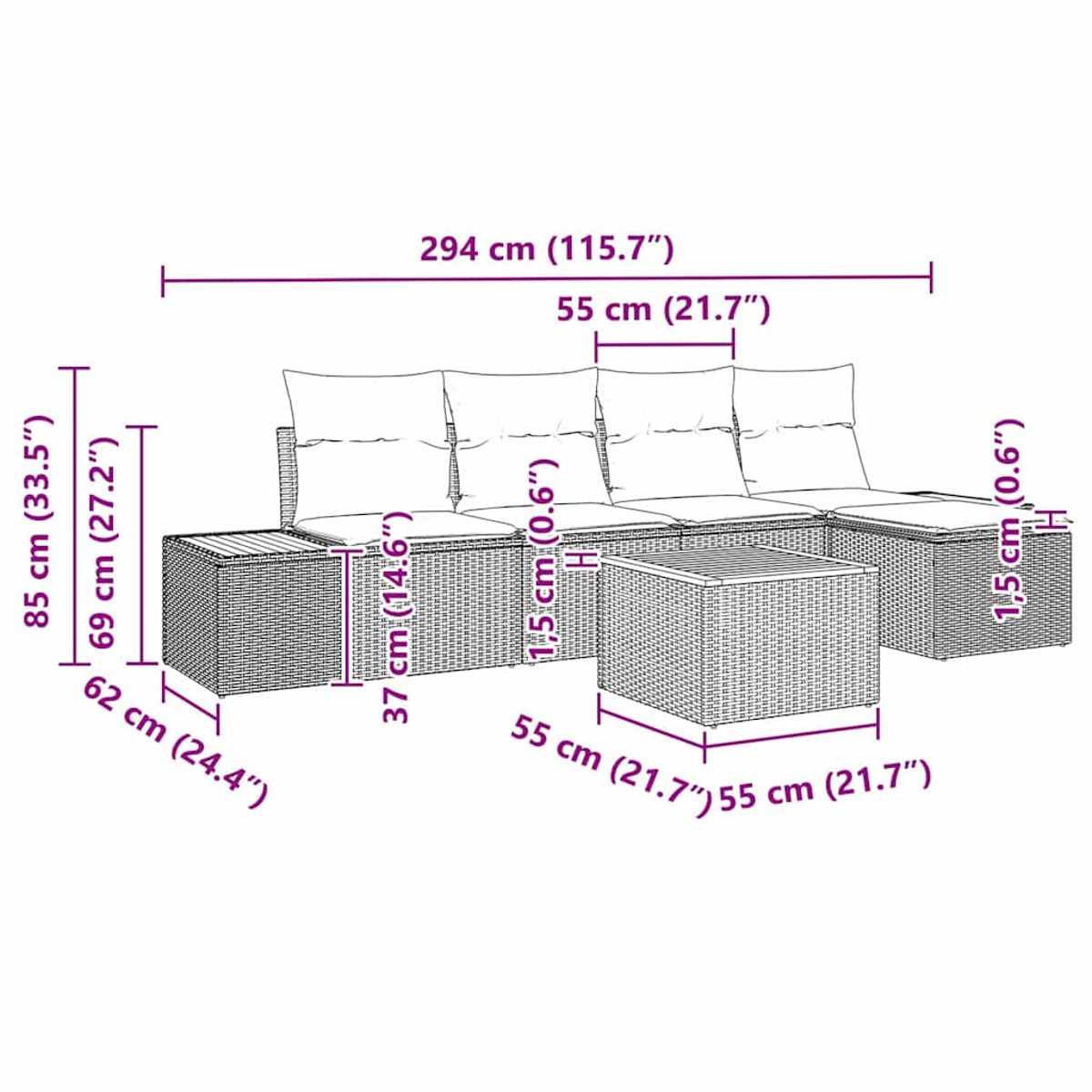 Ein Sofa mit Abmessungen in cm und Zoll angegeben.