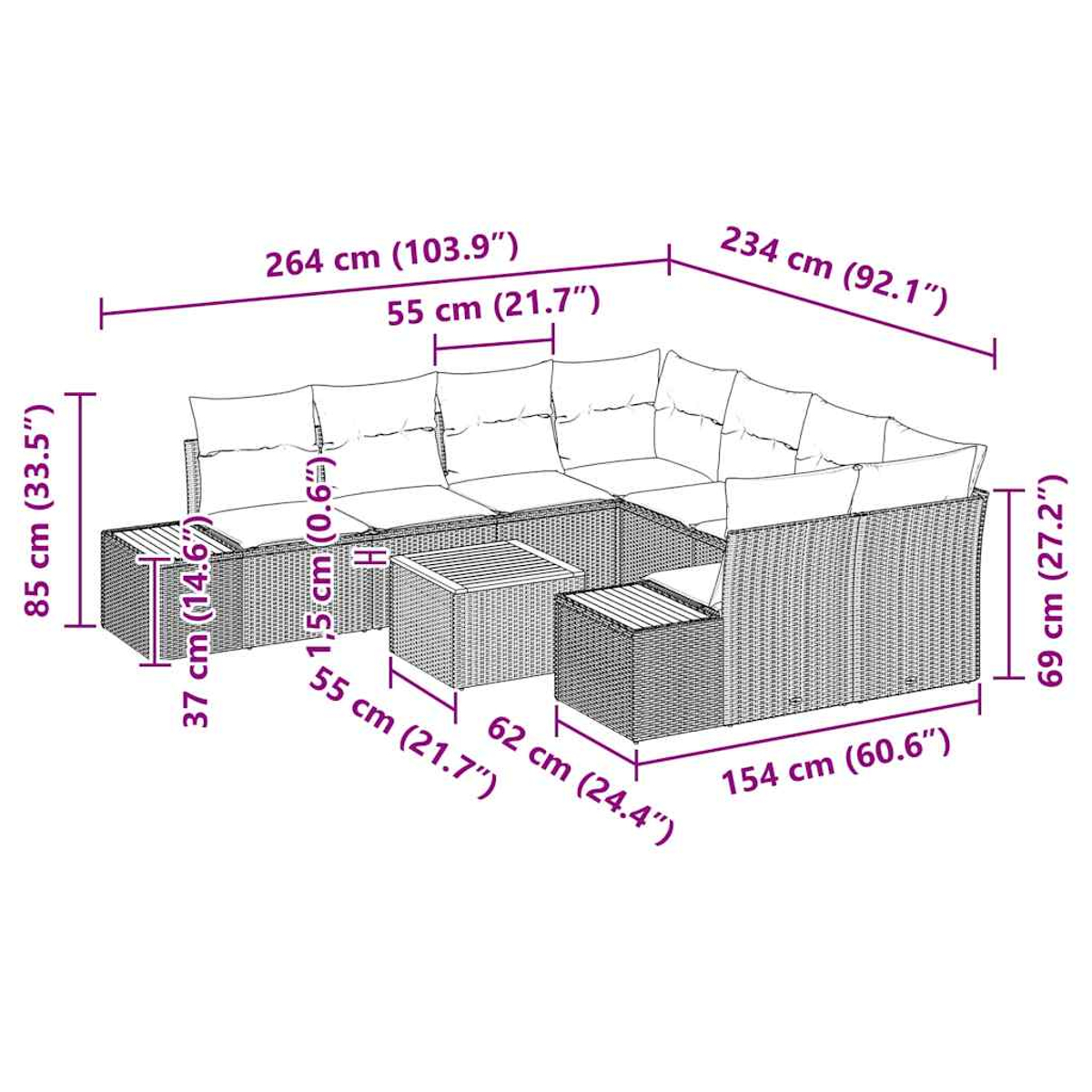 Gartenmöbel-Set mit Sofa und Tisch. Maße sind in cm und Zoll angegeben.