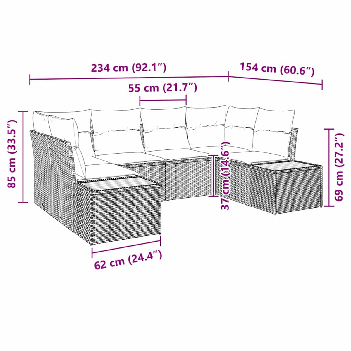 Ein Sofa mit Abmessungen in cm und Zoll angegeben.