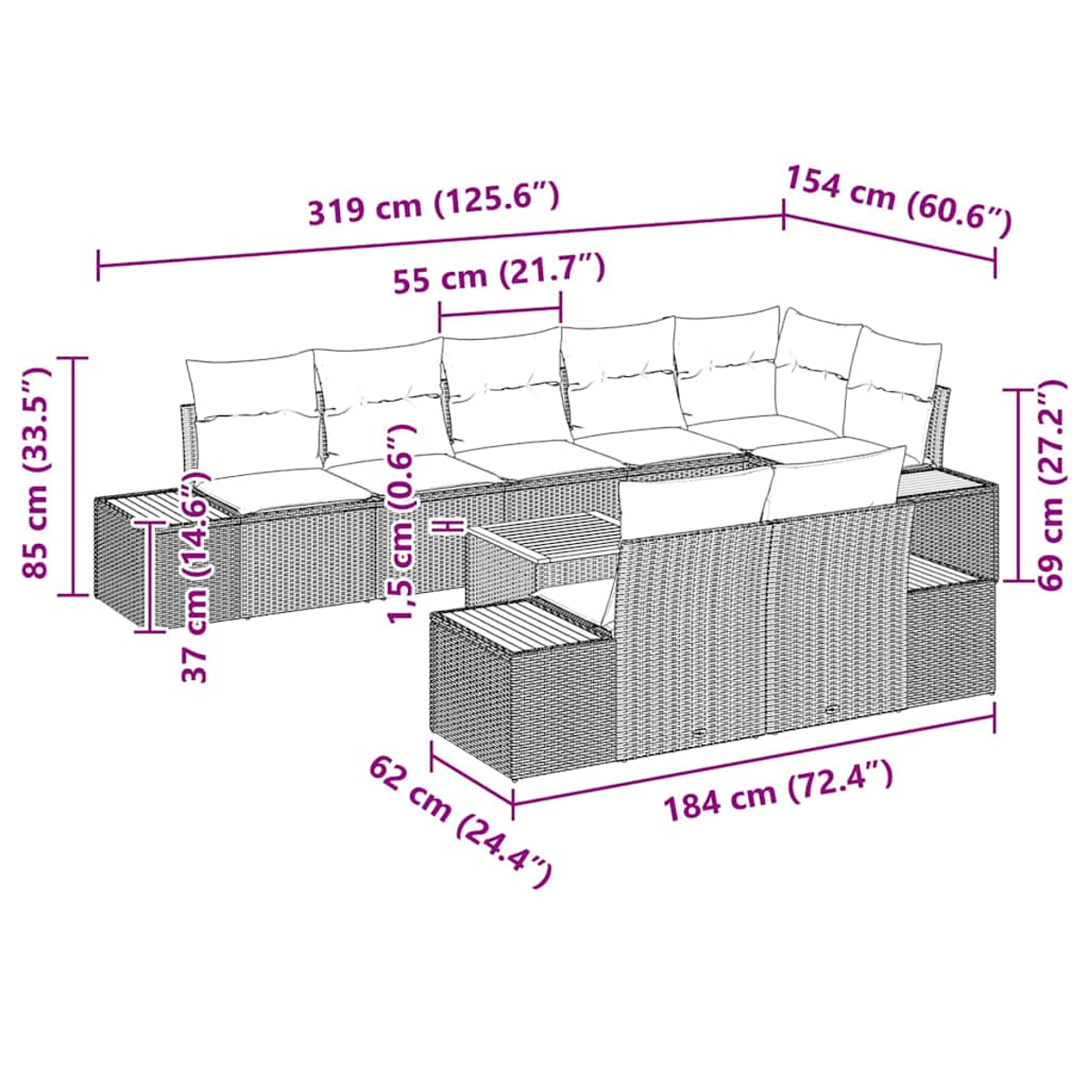 Geflochtenes Ecksofa mit Kissen, Maße in cm. Der Beistelltisch ist nicht enthalten.
