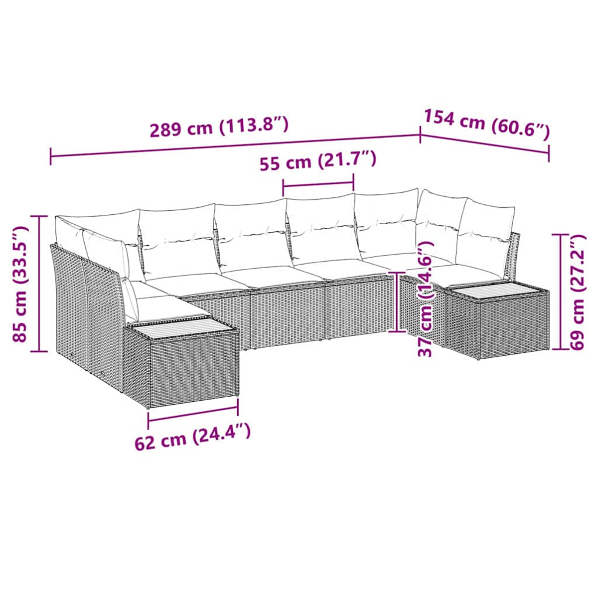 Geflochtenes Ecksofa mit Kissen, Maße in cm. Der Beistelltisch ist nicht enthalten.