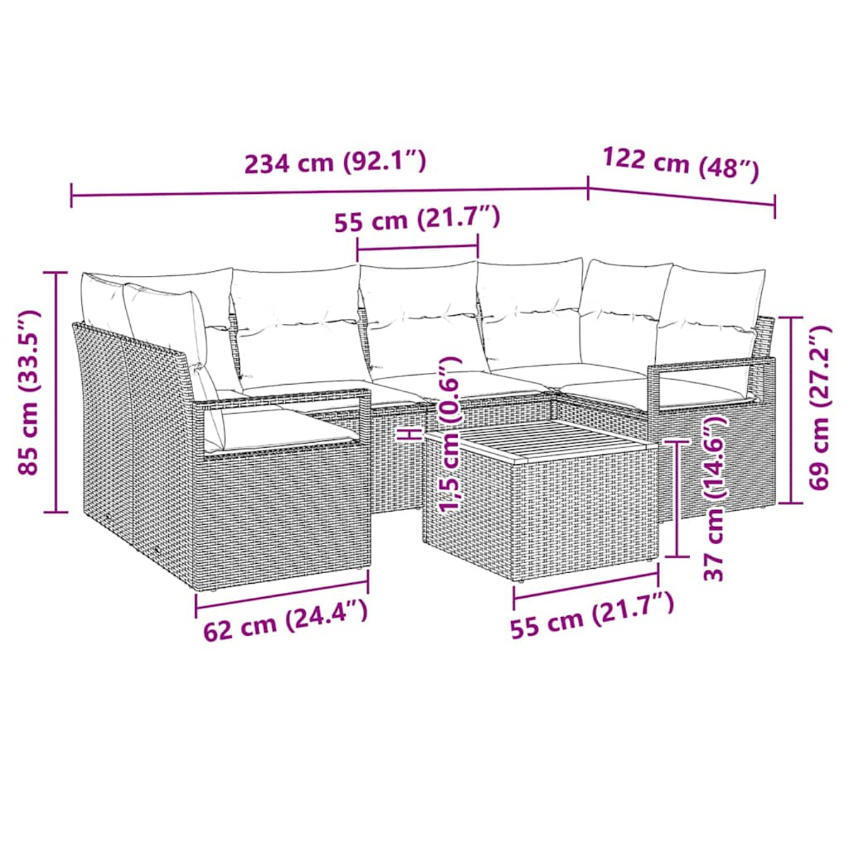 Geflochtenes Ecksofa mit Kissen und Couchtisch, Maße in cm.