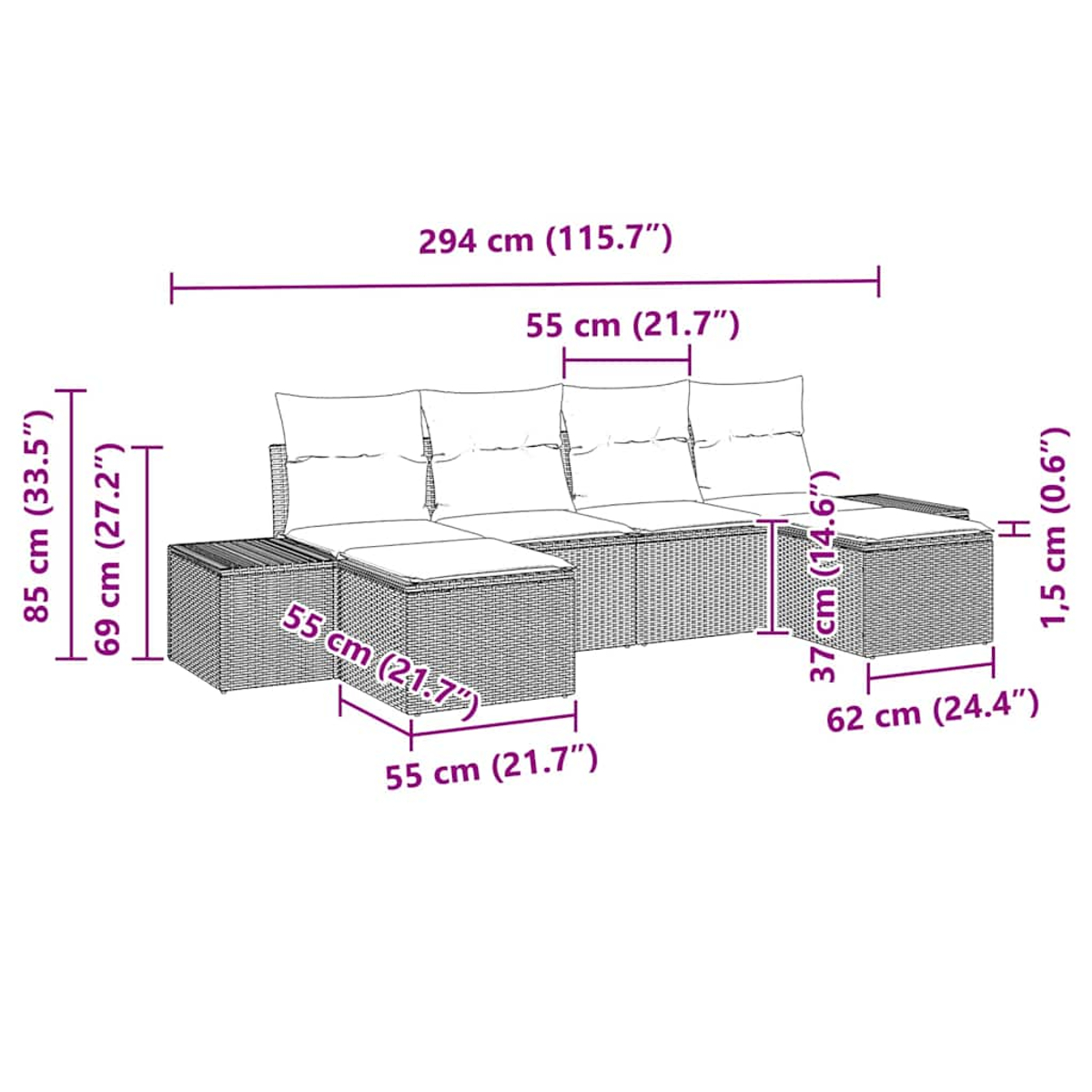 Geflochtenes Sofaset mit Maßangaben. Enthält ein langes Sofa und eine Ottomane.