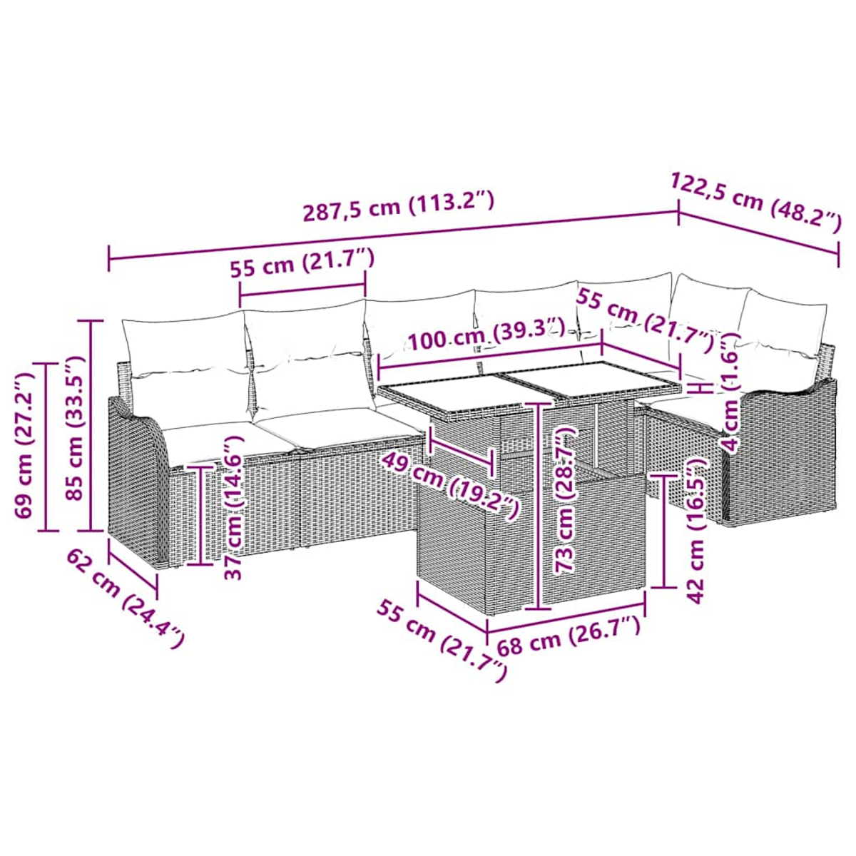 Geflochtenes Ecksofa-Set mit Maßen. Enthält ein Ecksofa, einen Tisch und zwei Stühle.