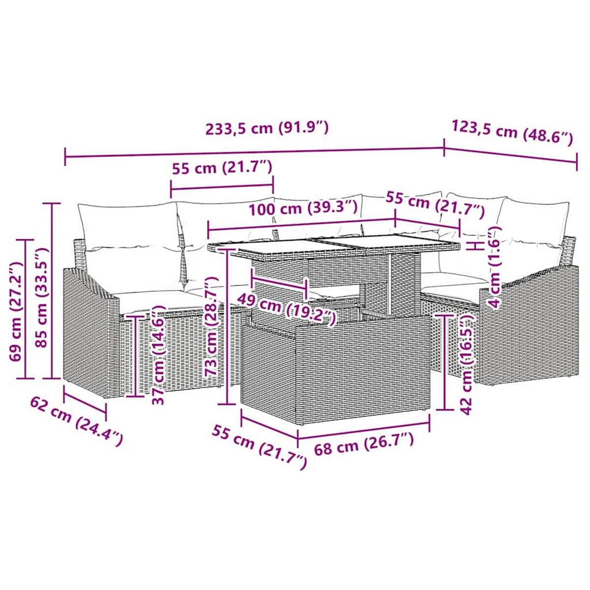 Rattansofa-Set mit Tisch und Sitzgelegenheiten, mit Abmessungen in cm und Zoll.