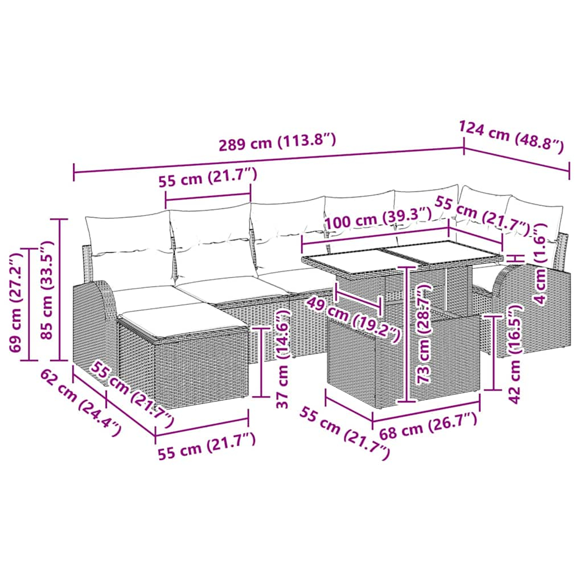 Rattansofa-Set mit Tisch und Sitzgelegenheiten, mit Abmessungen in cm und Zoll.