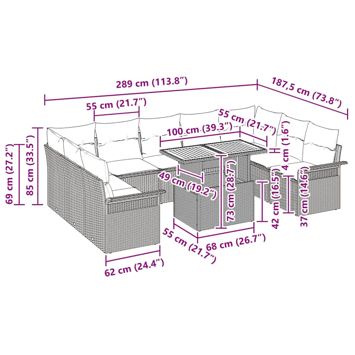 Rattansofa-Set mit Tisch und Sitzgelegenheiten, mit Abmessungen in cm und Zoll.