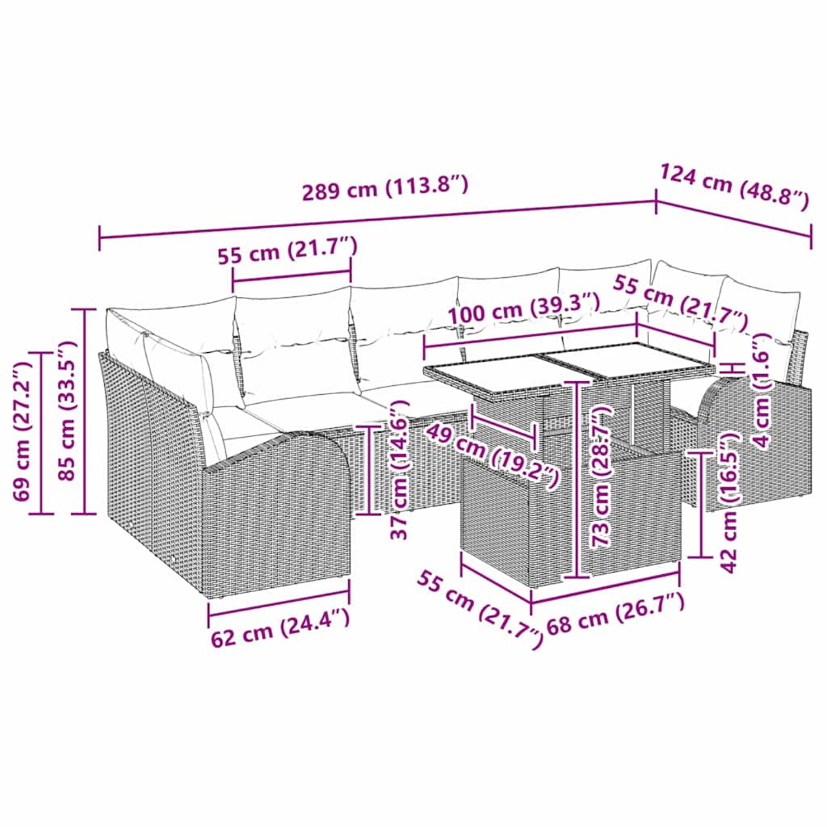 Geflochtenes Outdoor-Ecksofa mit Maßangaben. Es hat einen Tisch und Stühle. Die Maße sind in cm und Zoll angegeben.