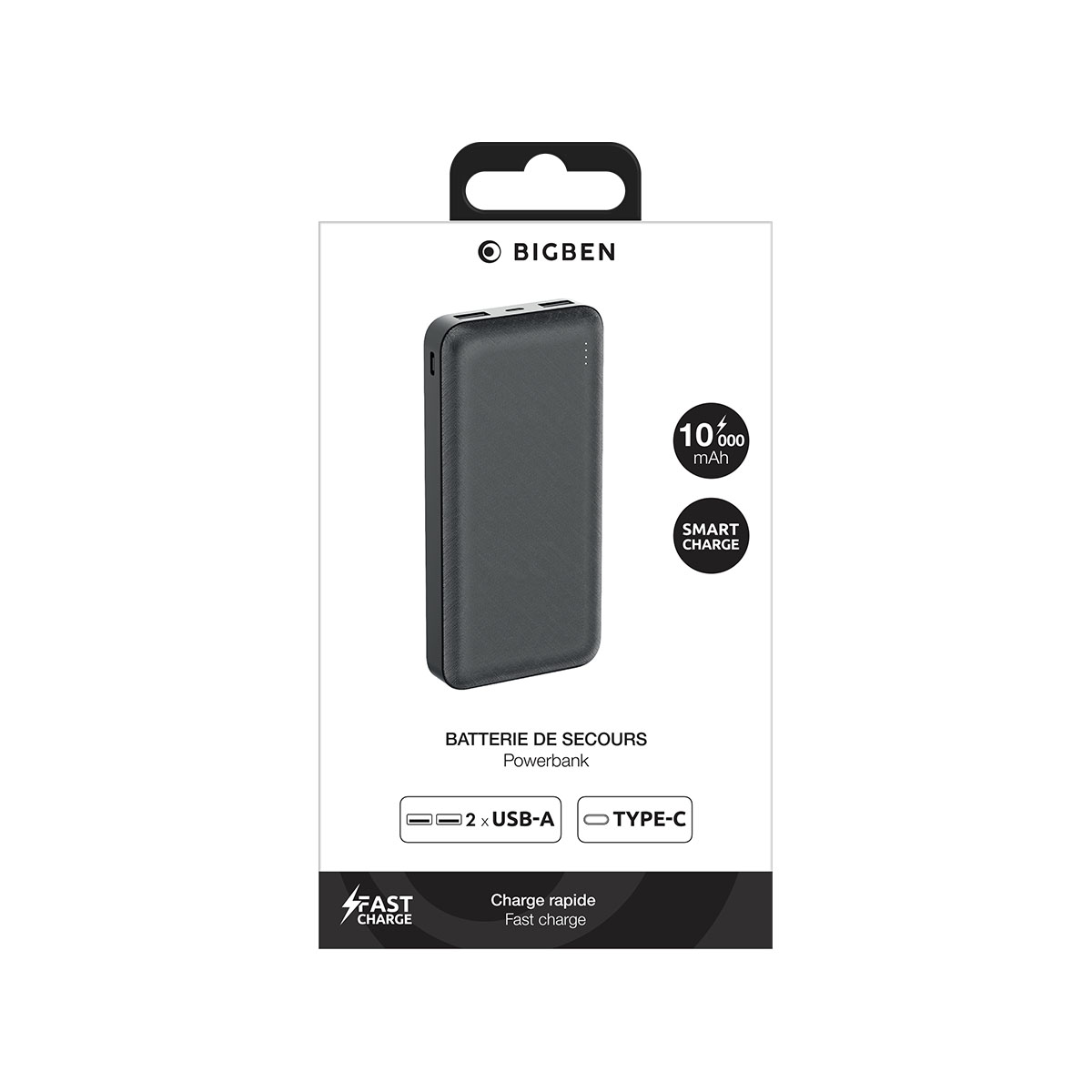 Eine schwarze Powerbank in einer weißen Box. Sie trägt den Markennamen Bigben. Text auf der Box.