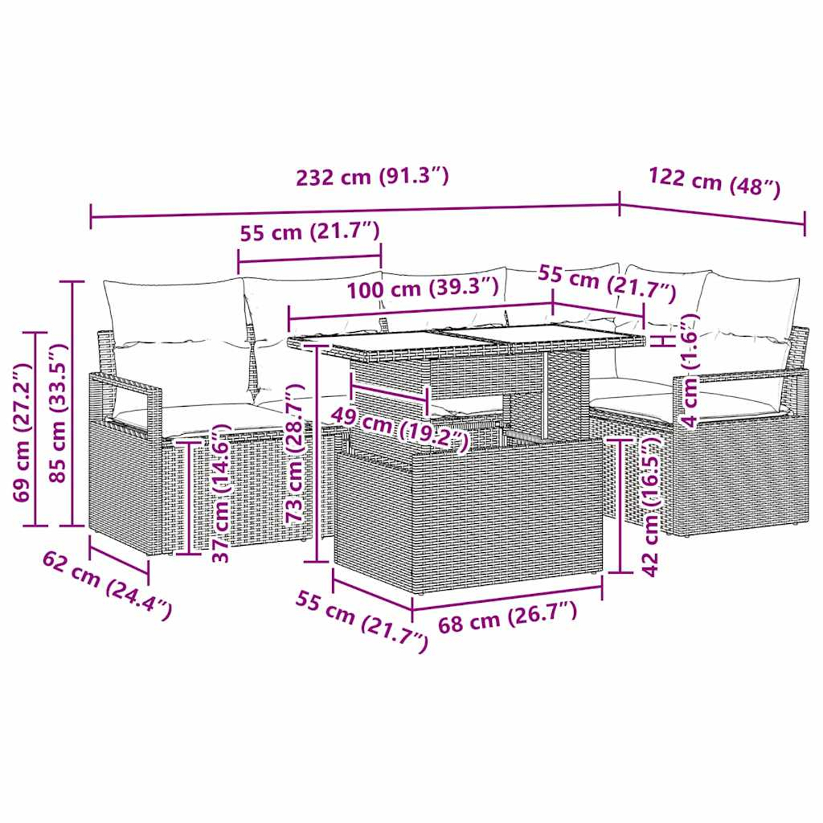 Geflochtenes Outdoor-Ecksofa mit Maßangaben. Es hat einen Tisch und Stühle. Die Maße sind in cm und Zoll angegeben.