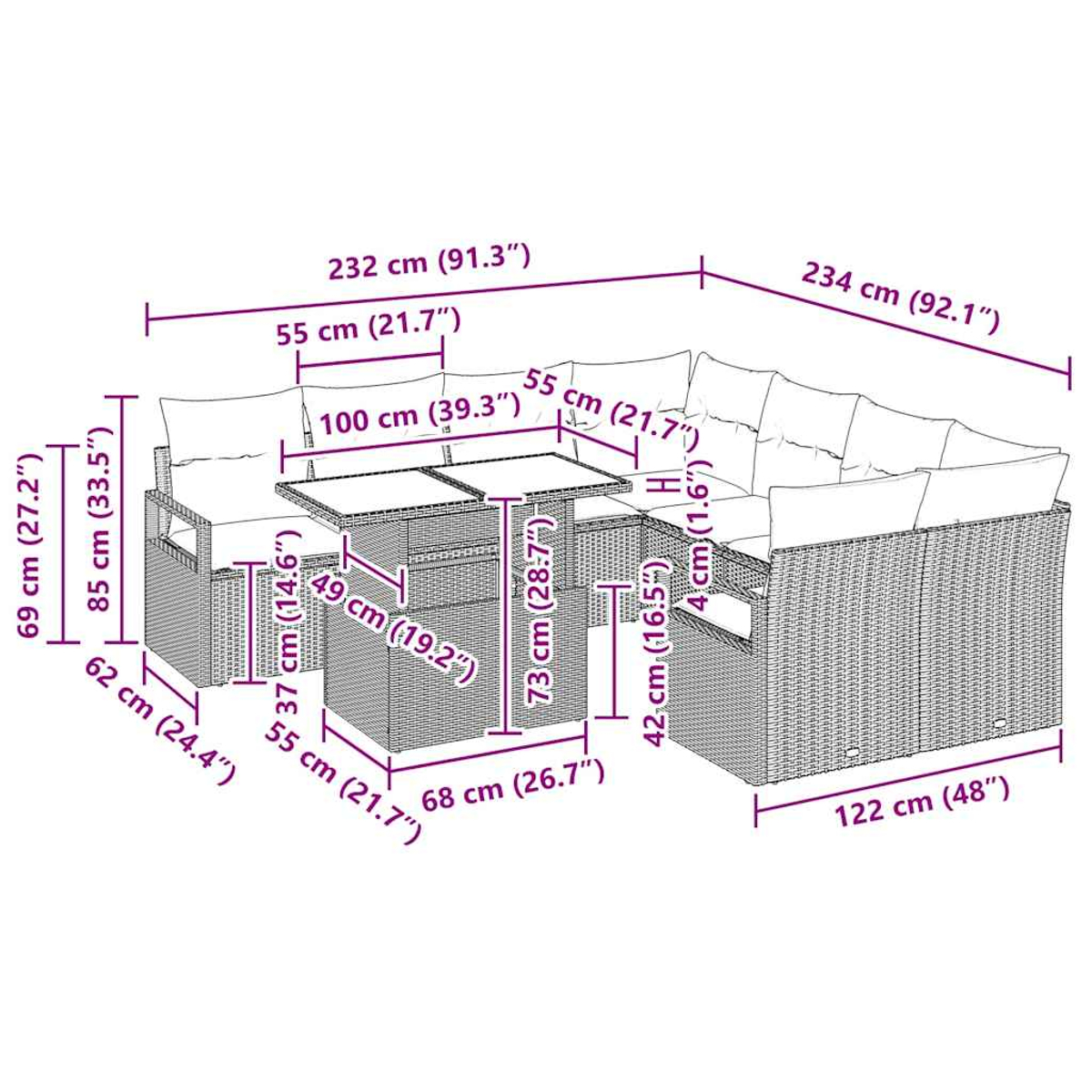 Ein geflochtenes Outdoor-Möbelset mit Maßangaben, einschließlich Sofa, Tisch und Stühlen.