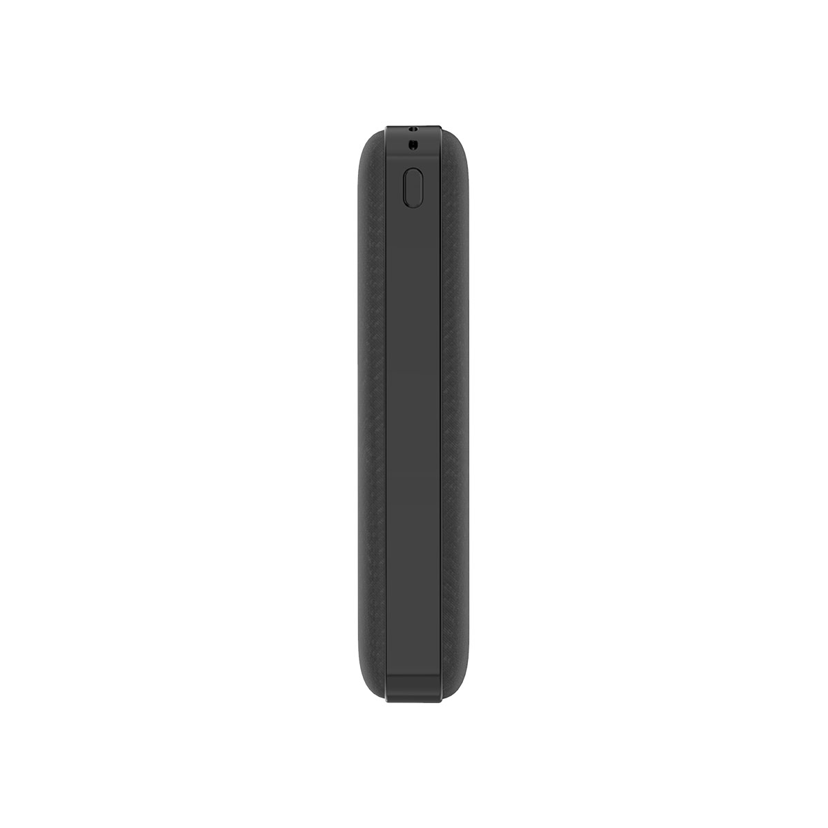 Eine schwarze Powerbank wird vertikal vor einem weißen Hintergrund gezeigt.