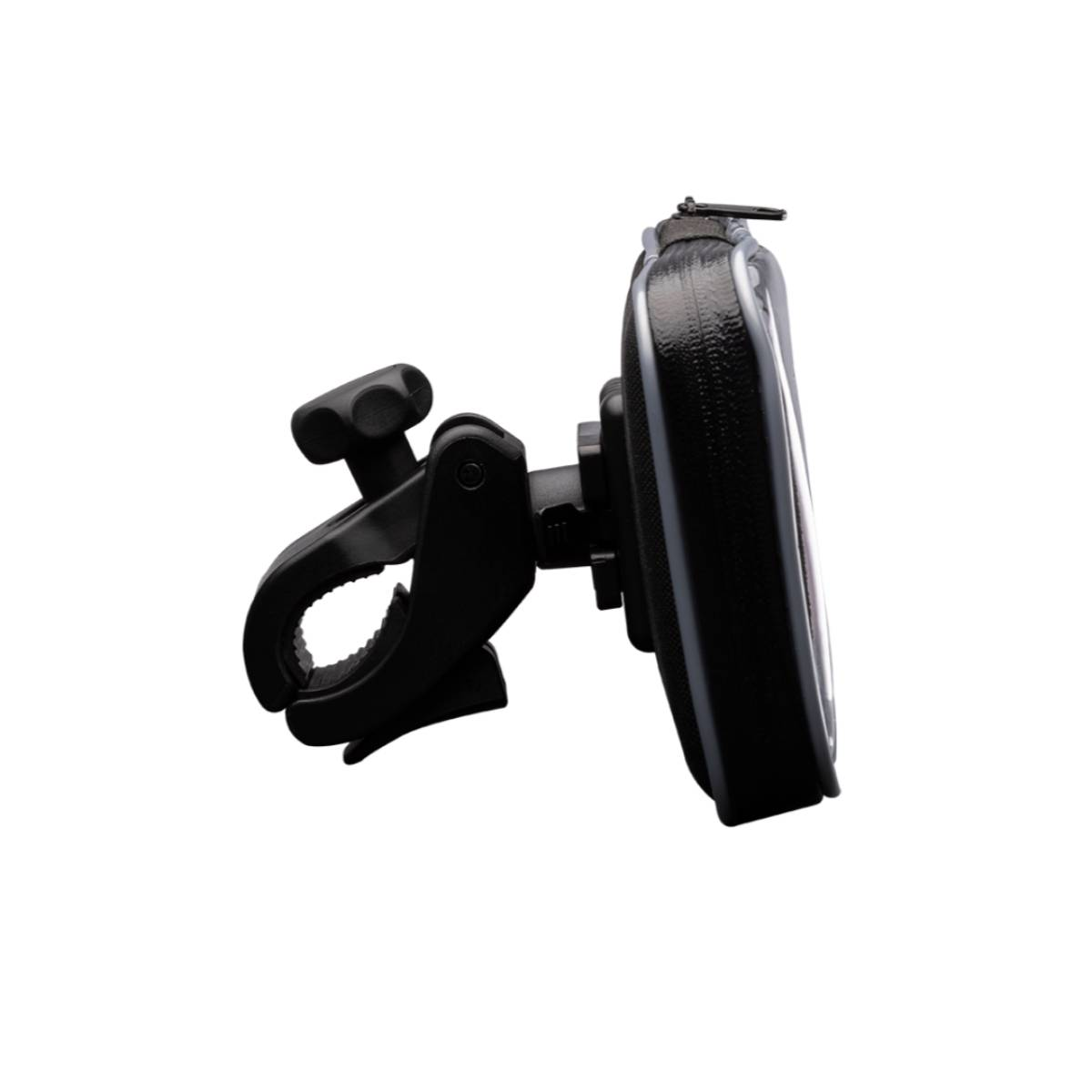 Soporte negro para teléfono de bicicleta, con funda protectora transparente. El soporte tiene una abrazadera y características ajustables.