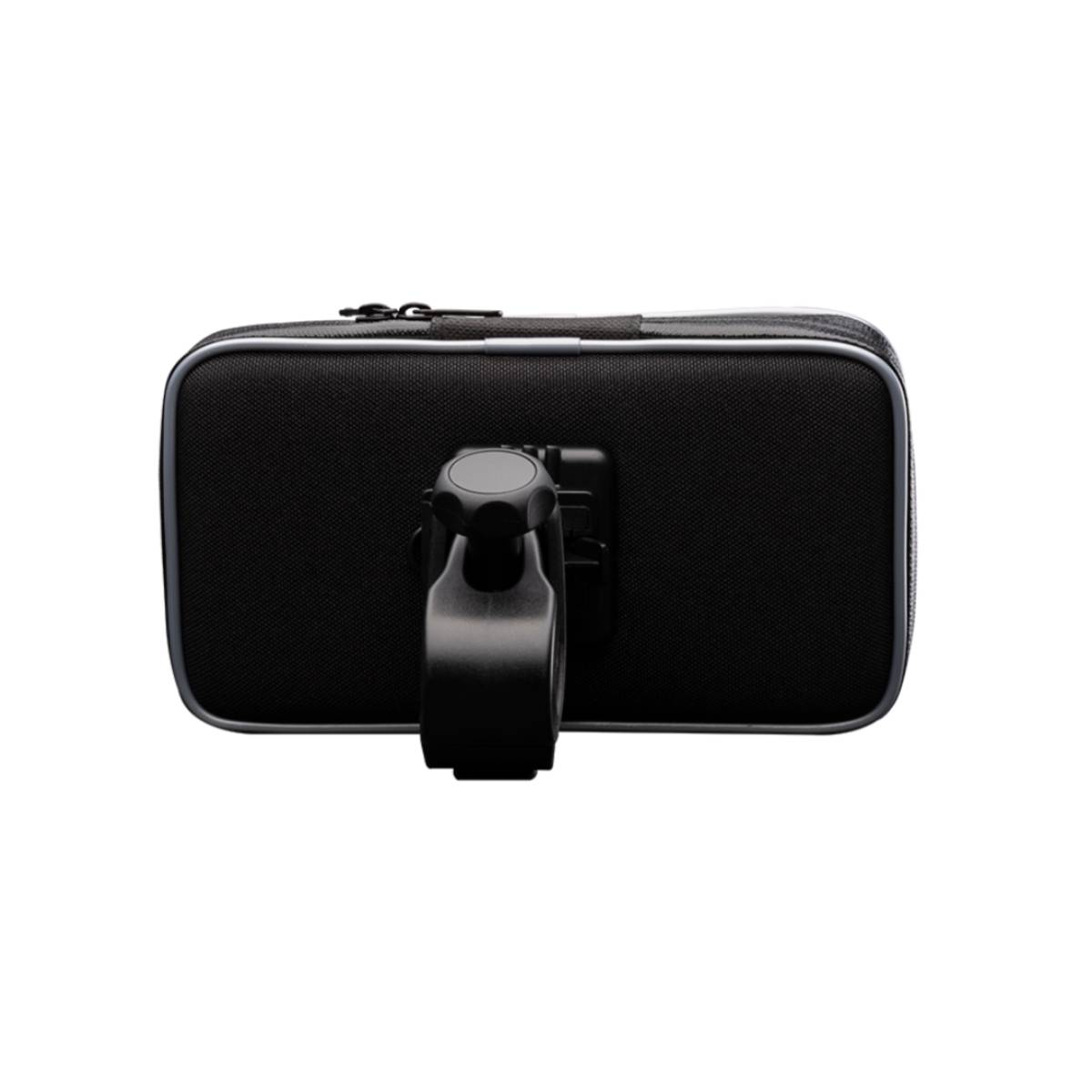 Bolsa rectangular negra con soporte de montaje. Probablemente un accesorio para bicicleta.
