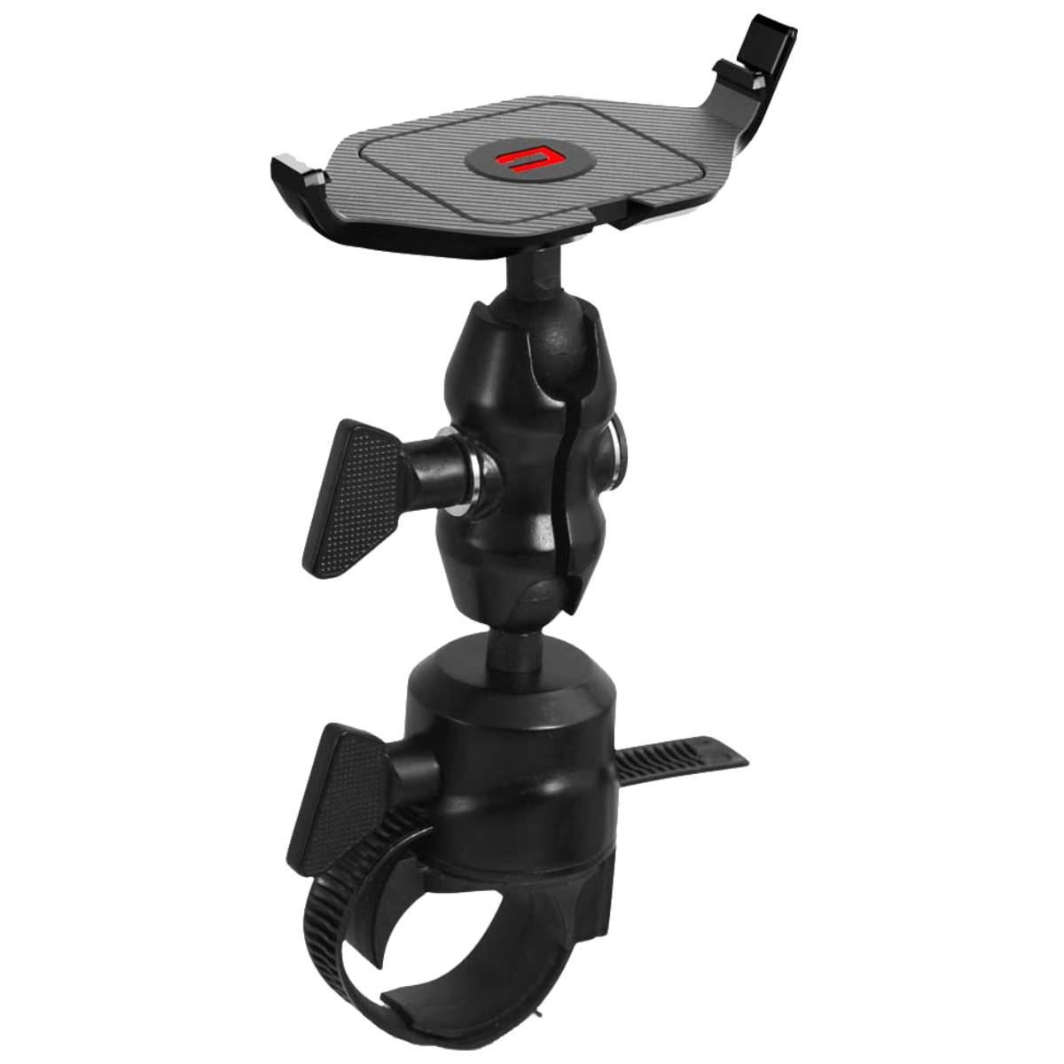 Un soporte negro para teléfono de bicicleta, mostrando la abrazadera y la rótula ajustable, sobre un fondo blanco.