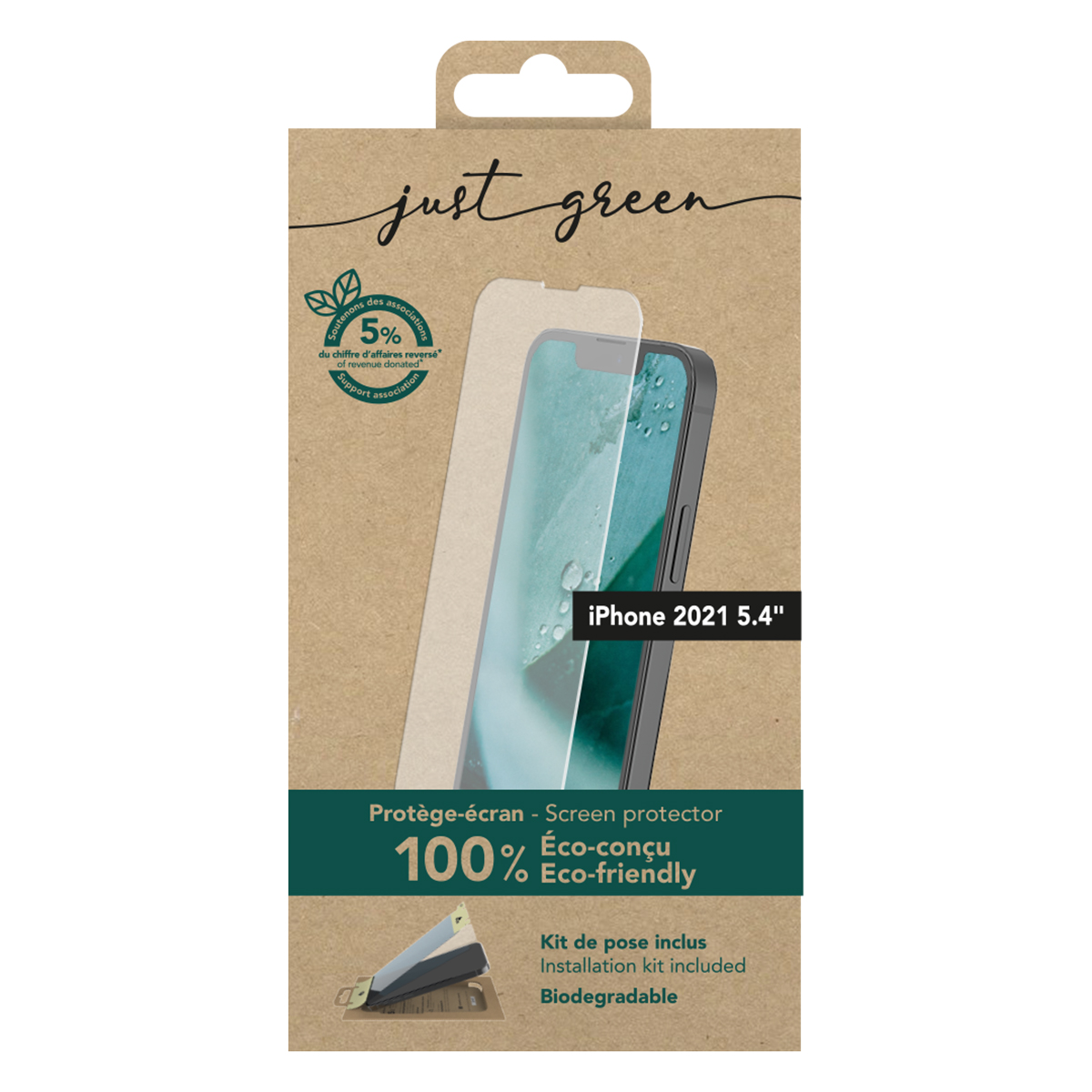 Confezione per protezione schermo iPhone, con iPhone, testo e kit. È ecologico.