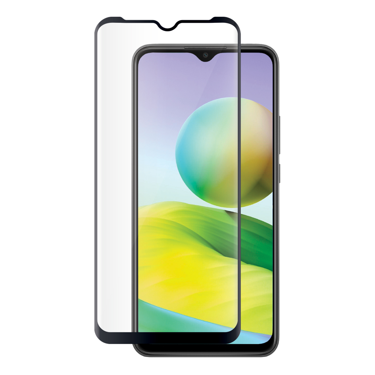 Een telefoon met een schermbeschermer aangebracht. De telefoon is zwart en de beschermer is helder.