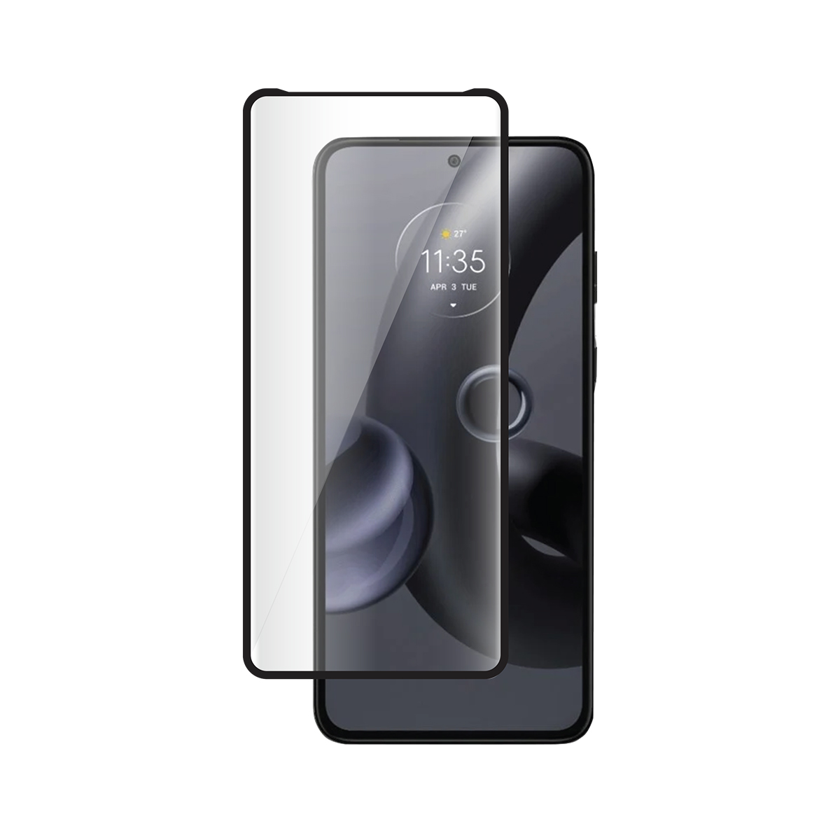 Smartphone con protezione schermo. Il telefono mostra ora e data. Vetro trasparente sul telefono.