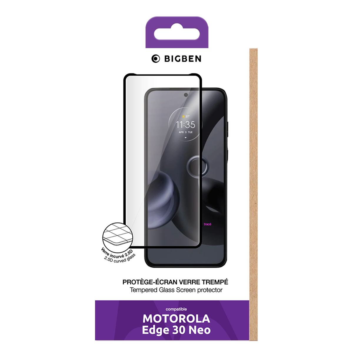 Scatola con protezione schermo per telefono Motorola. Protezione e immagine del telefono sulla scatola.
