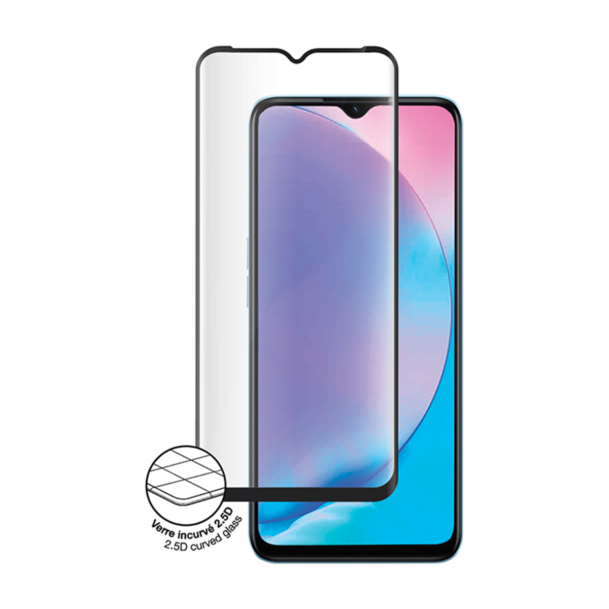 Smartphone avec protecteur d'écran. L'écran du téléphone affiche des couleurs violettes et bleues. Verre clair.